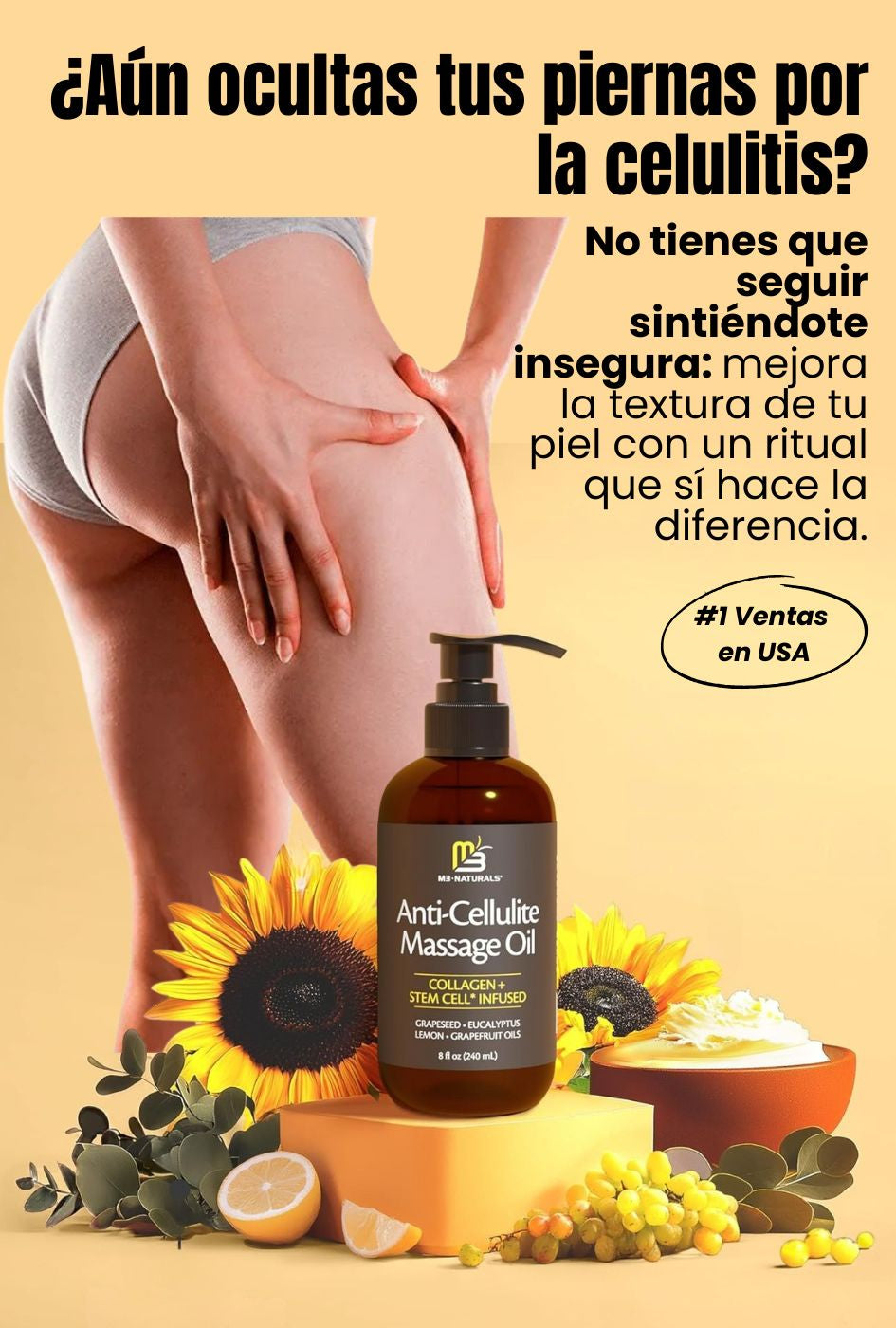 M3 Naturals - Aceite de masaje anticelulitis infundido con colágeno y células madre.